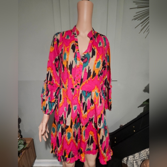 LA PLAGE Alison Long Sleeve Mini Dress – Ikat Fuchsia Multi. Size Small - Picture 5 of 14